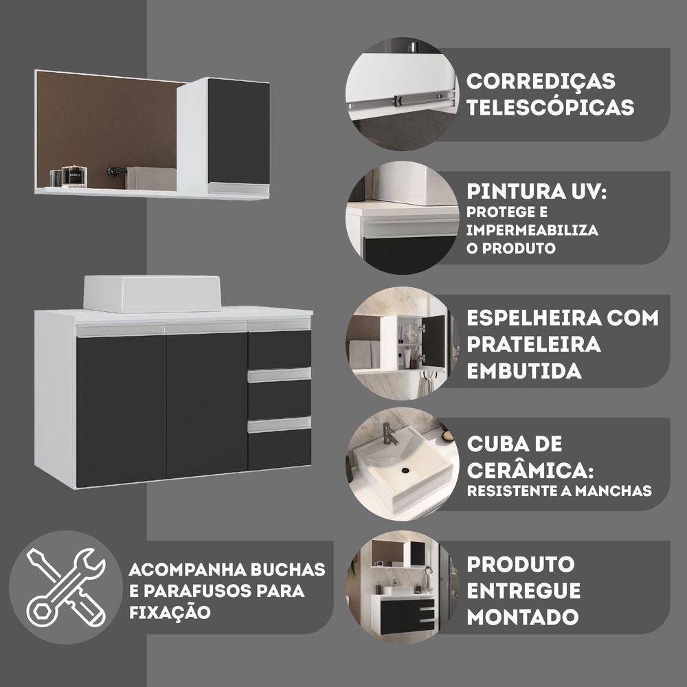 Miniatura Conjunto Gabinete Banheiro Prisma 80cm Gabinete + Cuba + Espelheira Branco Preto