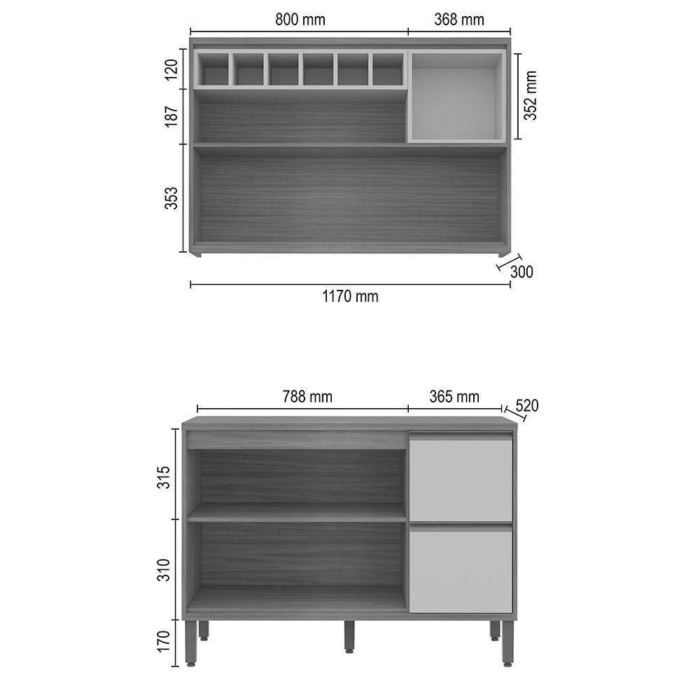 Miniatura Cozinha Milão Compacta 3 Portas 3 Gavetas Com Nichos Carvalho Grafite Clique Chique