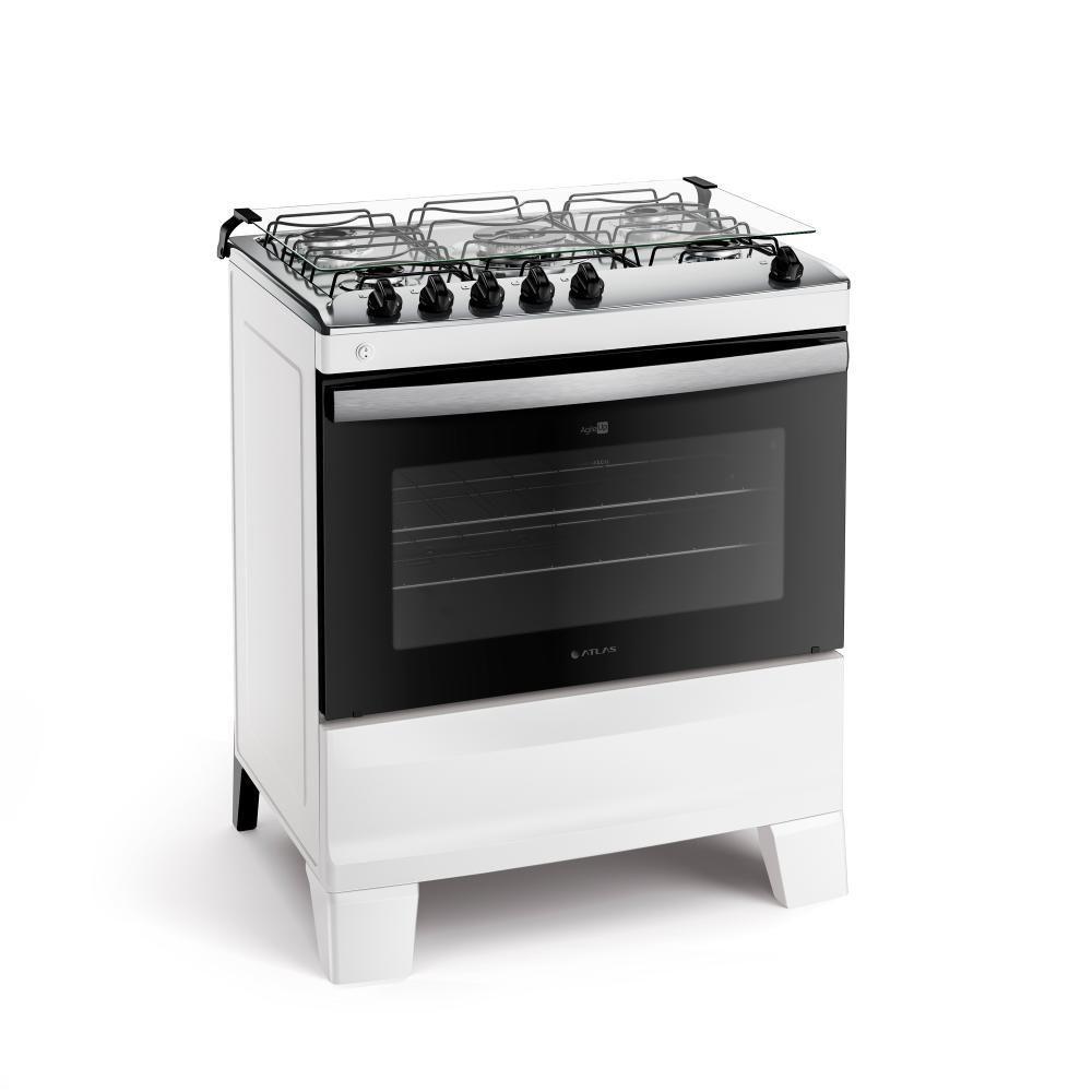 Miniatura Fogão 5 Bocas Branco Com Mesa Inox Atlas Agile Up Bivolt