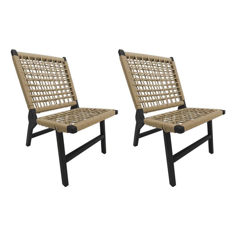 Miniatura Kit 2 Cadeiras Viena Base De Madeira Maciça Preta E Corda Náutica Bege - Bege