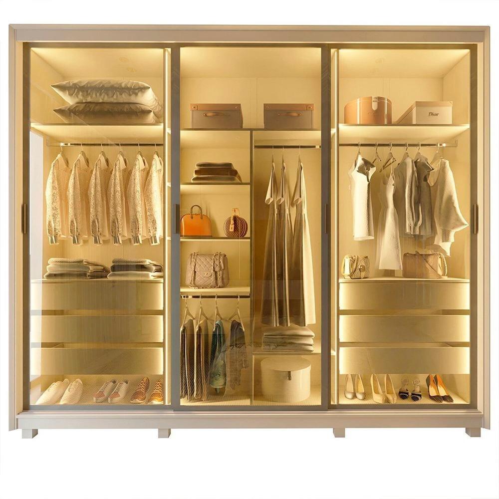 Miniatura Guarda-roupa Casal 3 Portas Reflecta com Pés e Led 100% Mdf Platinum Off White
