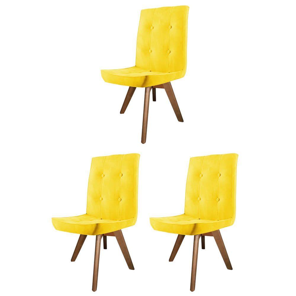 Miniatura Conjunto 03 Cadeira De Jantar Drop Com Botão Base Giratória Rústico Suede Amarelo