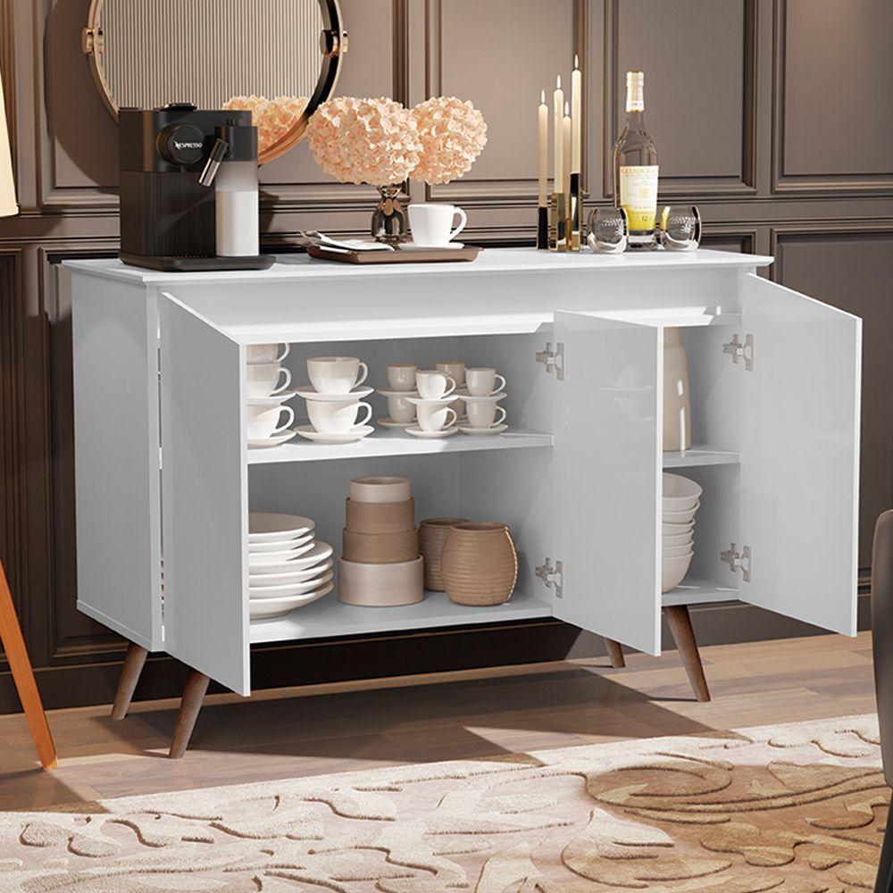 Aparador Buffet Retrô Encanto 3 Portas Com Pés De Madeira - Branco - Cor: Branco
