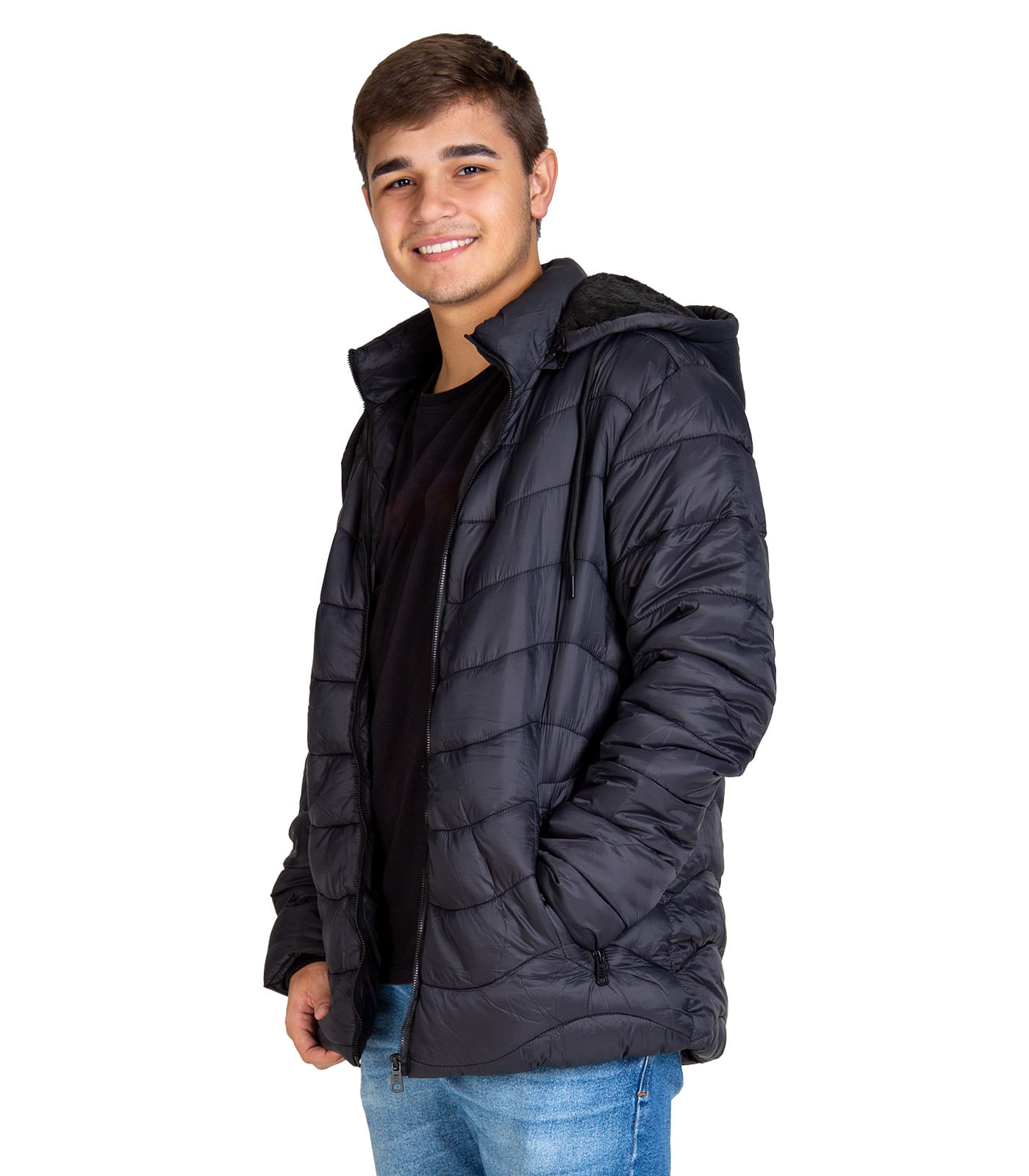 Miniatura Jaqueta Puffer Masculina Com Capuz Sea Surf Preto G