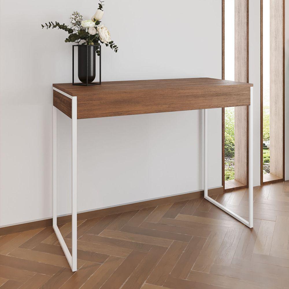 Miniatura Aparador Industrial Retangular Califórnia Amêndoa 137X40Cm Base Ferro Branco - Cor: Marrom