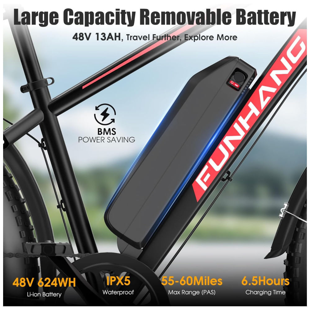 Miniatura Bicicleta Elétrica para Adultos Funhang EB-S1, 1000W, 25MPH, 60 Milhas, Mountain Bike Elétrica 26' com Pneus Largos, Bateria 48V 13AH, Bagageiro, Susp