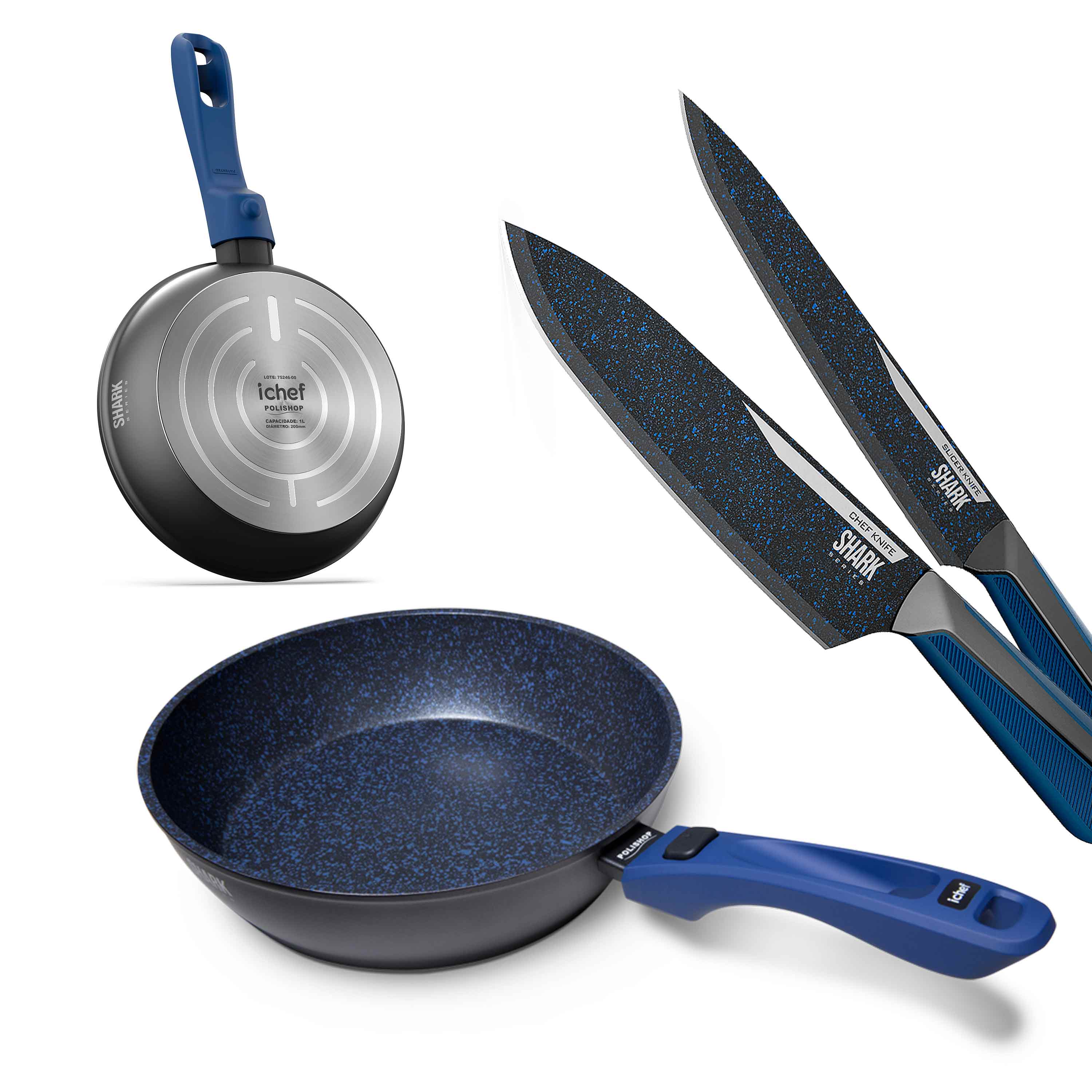 Miniatura Panelas Ultra Day by Day 24cm com Tampa de Vidro Azul e Kit com 2 Facas Revestimento Ichef Blue Ichef