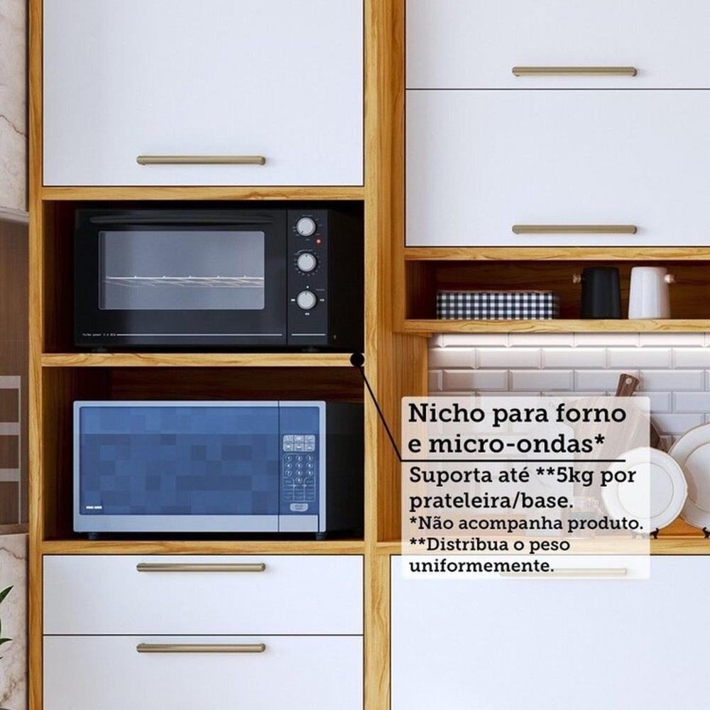 Cozinha Modulada Completa 5 Peças 11 Portas e Vidro Reflecta 349cm 100% Mdf Vicenza Espresso Móveis Amêndoa/Branco