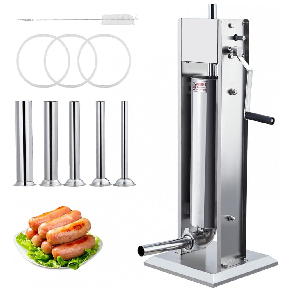 Miniatura Máquina de Embutir Linguiça 15LBS7L Manual, Enchedora de Carne com Dupla Velocidade em Aço Inoxidável, 5 Tubos de Enchimento, ExploreHorizon