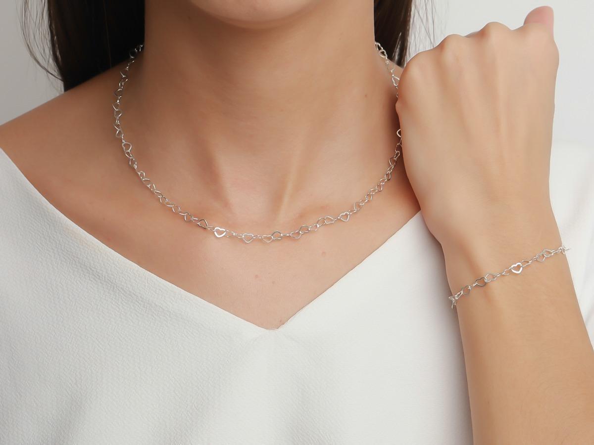 Miniatura Conjunto Corrente E Pulseira De Elos De Coração Prata 925