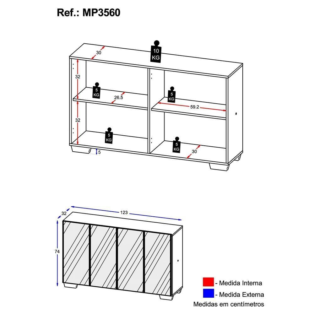 Miniatura Aparador Buffet 4 Portas com Espelho e Pés Preto/natural