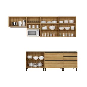 Miniatura Cozinha Bartira Cristal com 8 Portas, 2 Gavetas, 5 Prateleiras e Nicho para Micro-ondas - 300cm de Largura Lâmina Mel e Nude