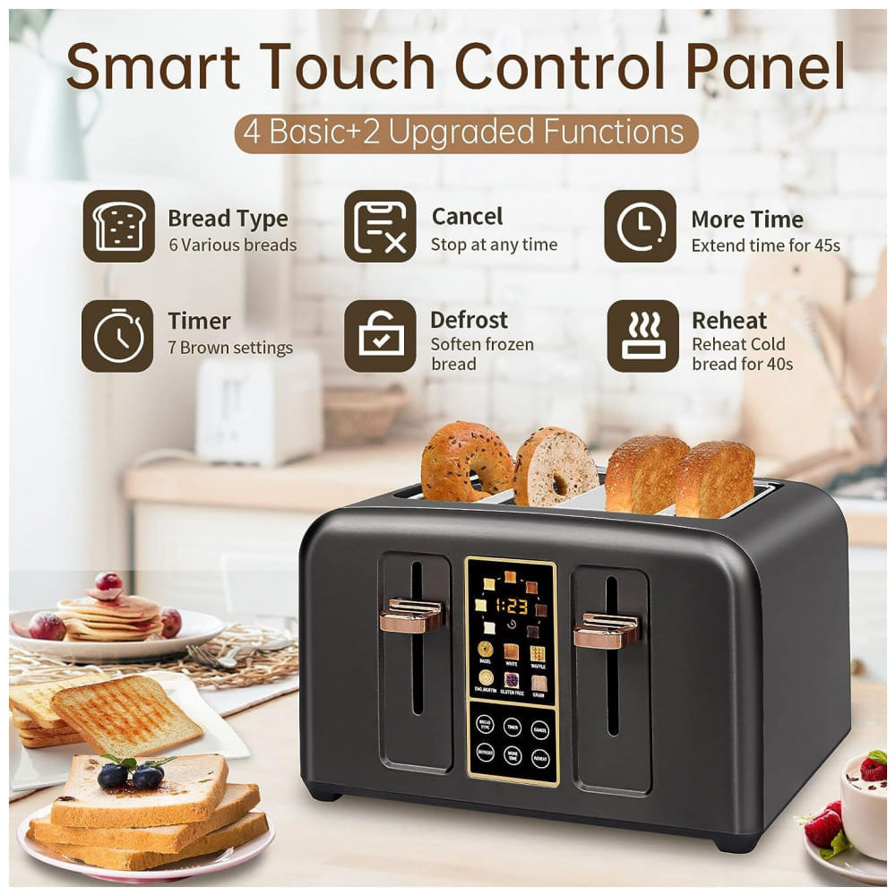 Miniatura Torradeira Elétrica de 4 Fatias com Display LCD Digital, 6 Níveis de Tostagem, 110V 1800W, SEEDEEM, Cinza