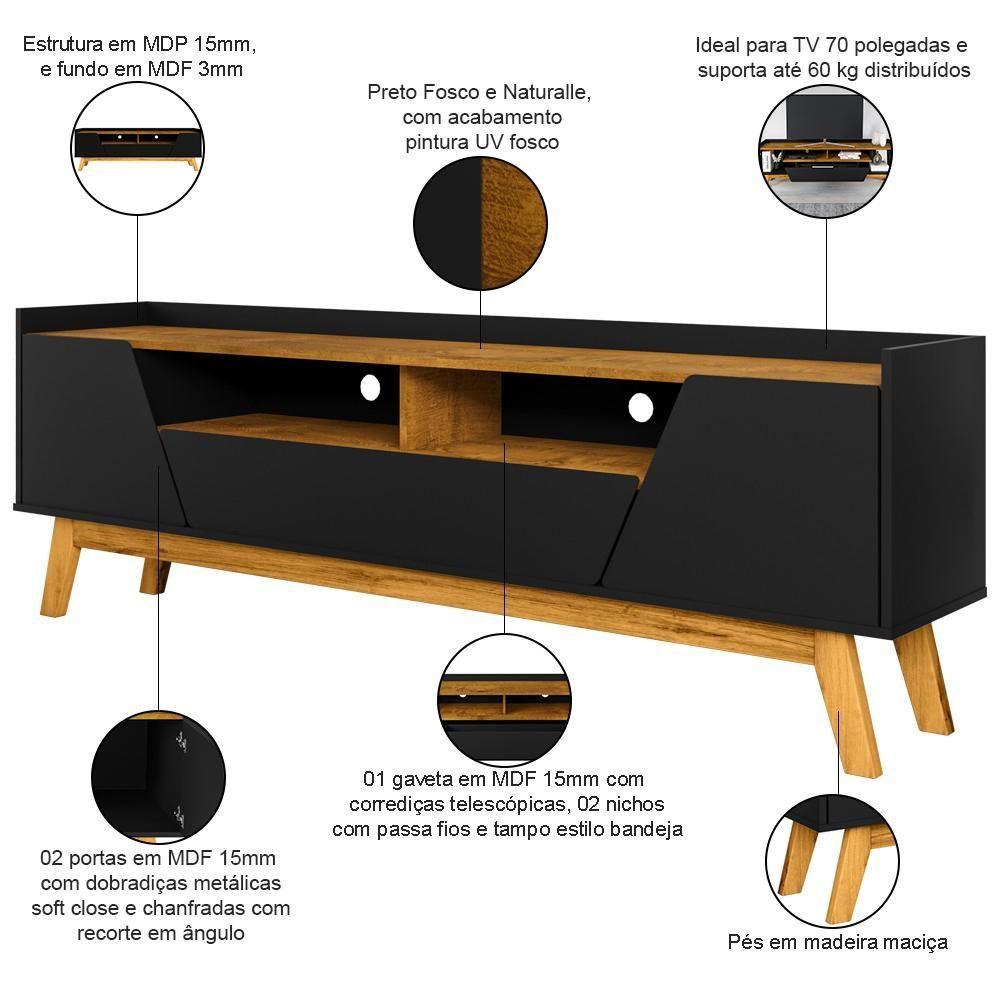Miniatura Rack Para Sala De Estar Tv 70 Pol 180cm Morello B02 Preto Fosco Naturalle - Lyam Decor