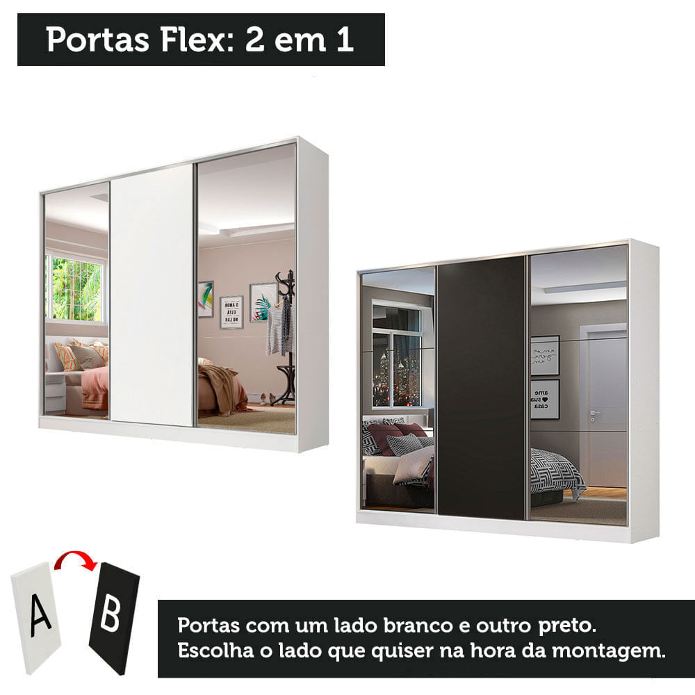 Miniatura Guarda Roupa Casal 100% MDF Madesa Zurique 3 Portas de Correr com Espelhos Branco/Preto Cor:Branco/Preto