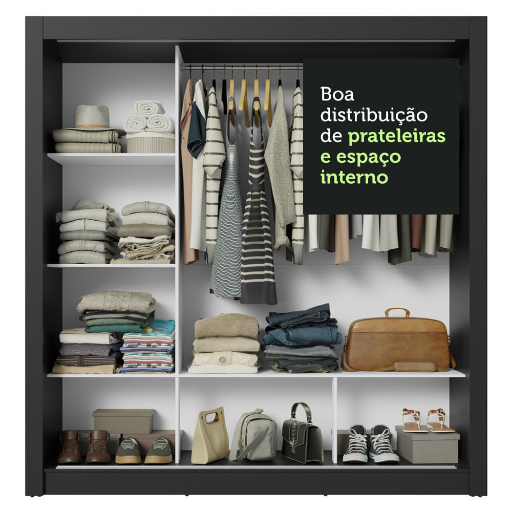 Guarda-Roupa Casal 3 Portas de Correr com Espelhos Preto/Cinza Nobre Madesa Cor:Preto/Cinza