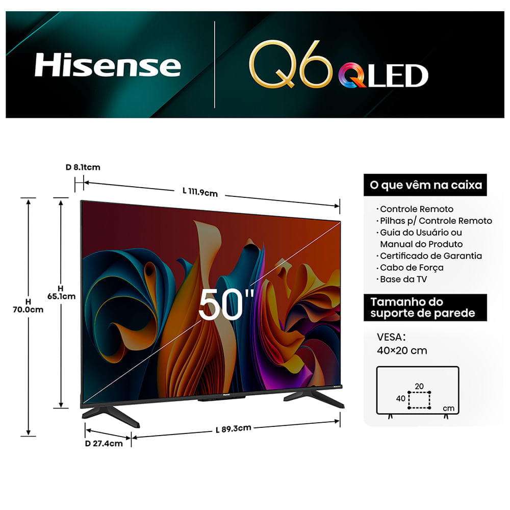 Miniatura Smart TV Hisense QLED 4K UHD 50" 50Q6N Polegadas com Wi-Fi - 50A51HUA Bivolt
