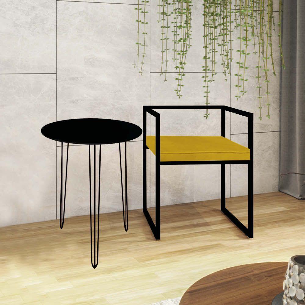 Miniatura Kit Poltrona Cubo Com Mesa Roma Ferro Preto Tampo Redondo Preto Suede Amarelo
