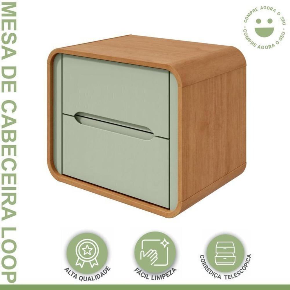 Quarto Infantil com 2 Camas Solteiro Loop Tecido Boucle e Mesa de Cabeceira 2 Gavetas Loop Amendoa Clean/Salvia