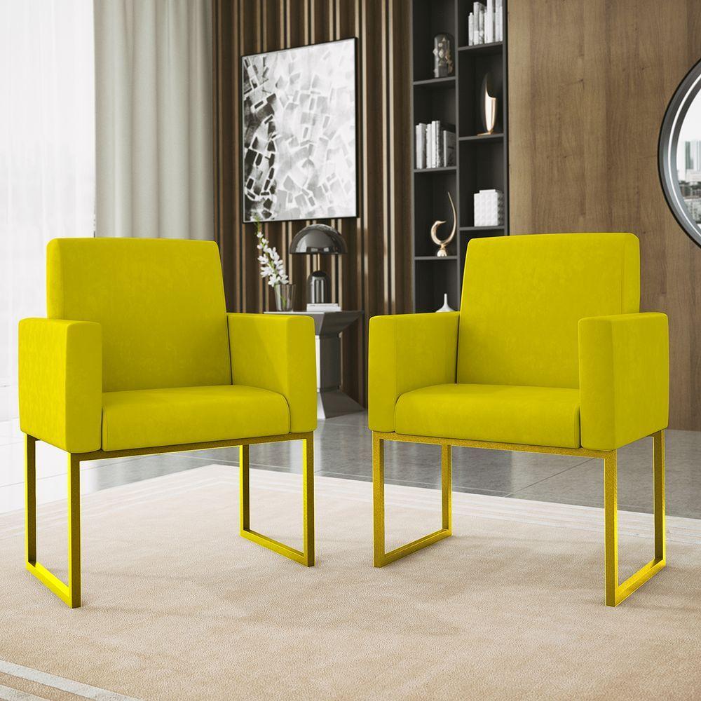 Kit 02 Cadeiras Poltronas Sala Quarto Base De Ferro Dourada Amarelo