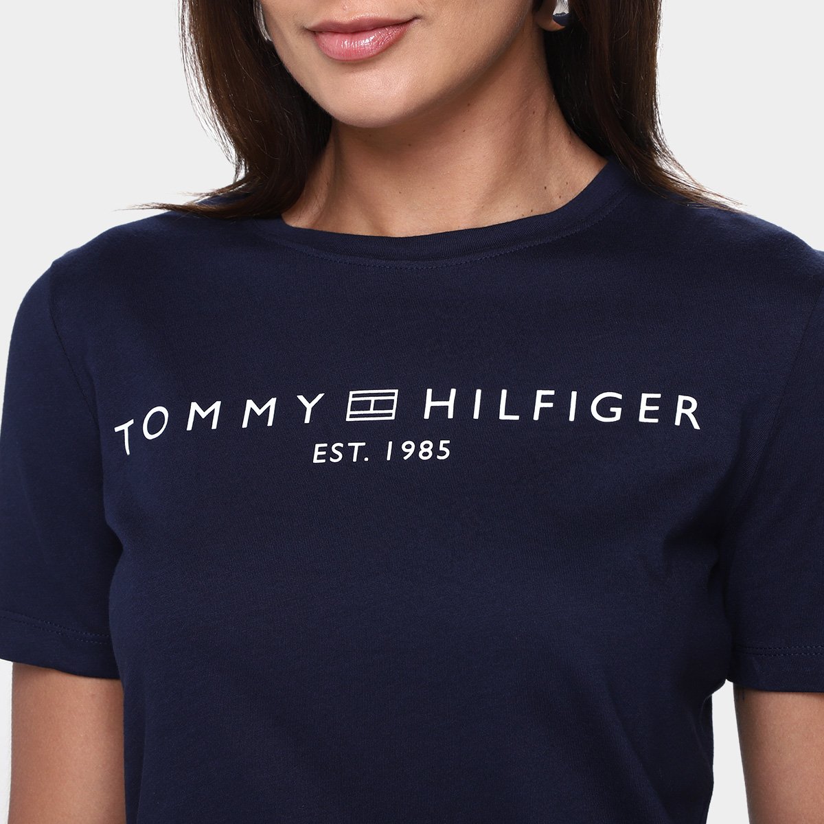 Miniatura Camiseta Tommy Hilfiger Reg Corp Logo Feminina Azul Escuro - G