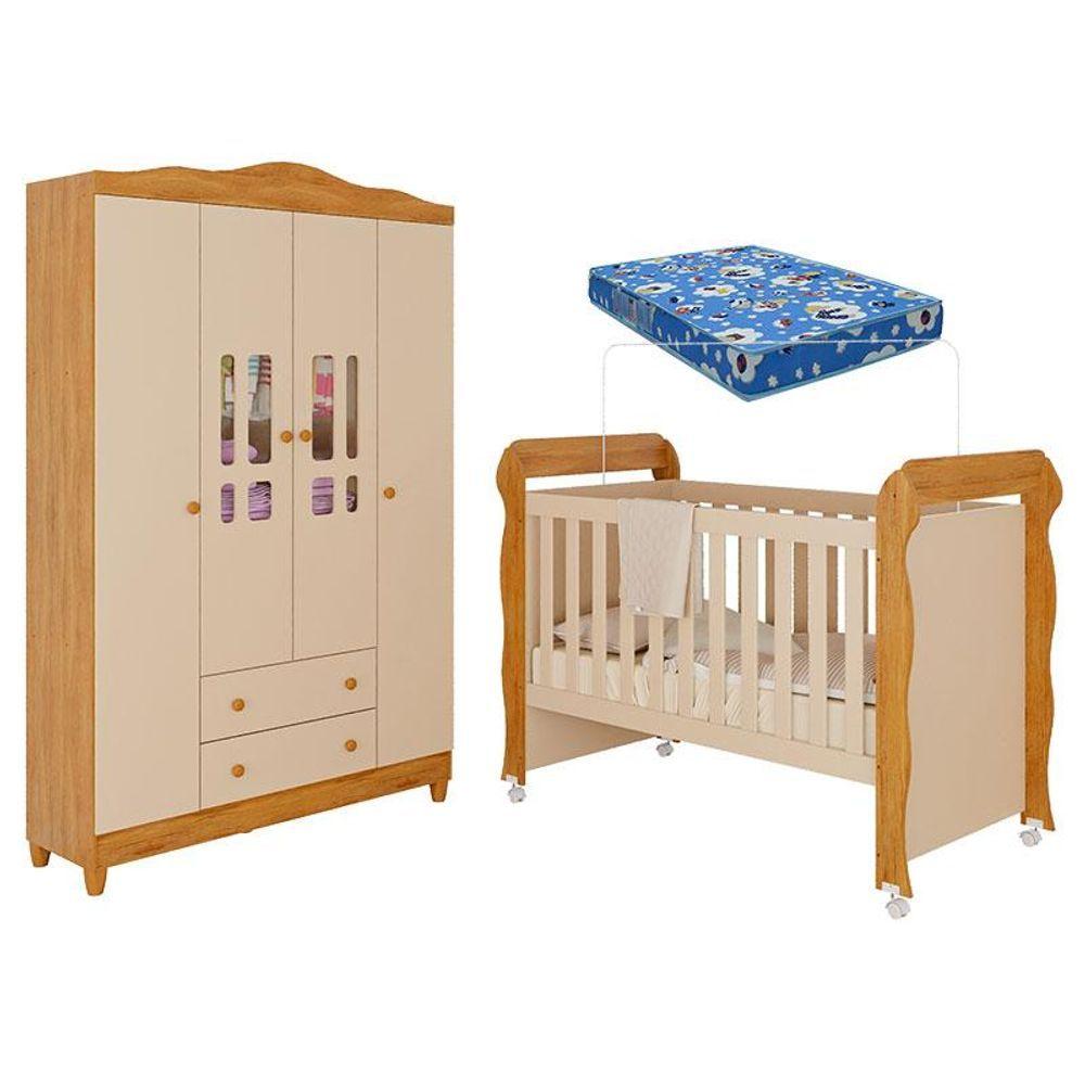 Miniatura Berço Americano Mirelle E Guarda Roupa Infantil Ariel 4 Portas Off White Bétula Com Colchão Ortobom- Carolina Baby