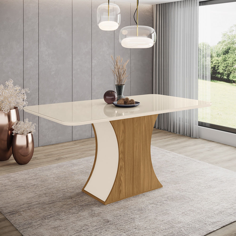 Miniatura Mesa com Vidro e Canto Arredondado 160 Cm Selena Henn Nature com Off White