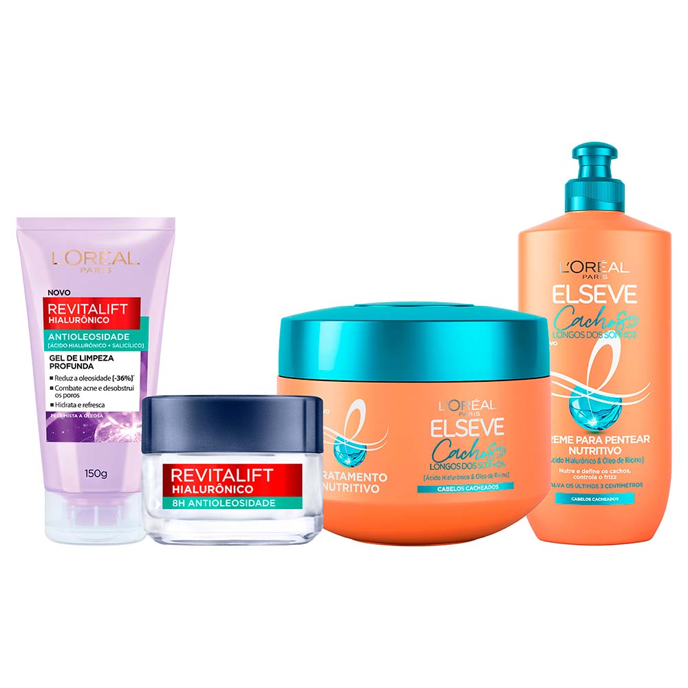 Miniatura L’Oréal Paris Antioleosidade + Cachos Kit – Gel de Limpeza Facial + Gel Creme Hidratante + Creme de Tratamento + Creme de Pentear Kit