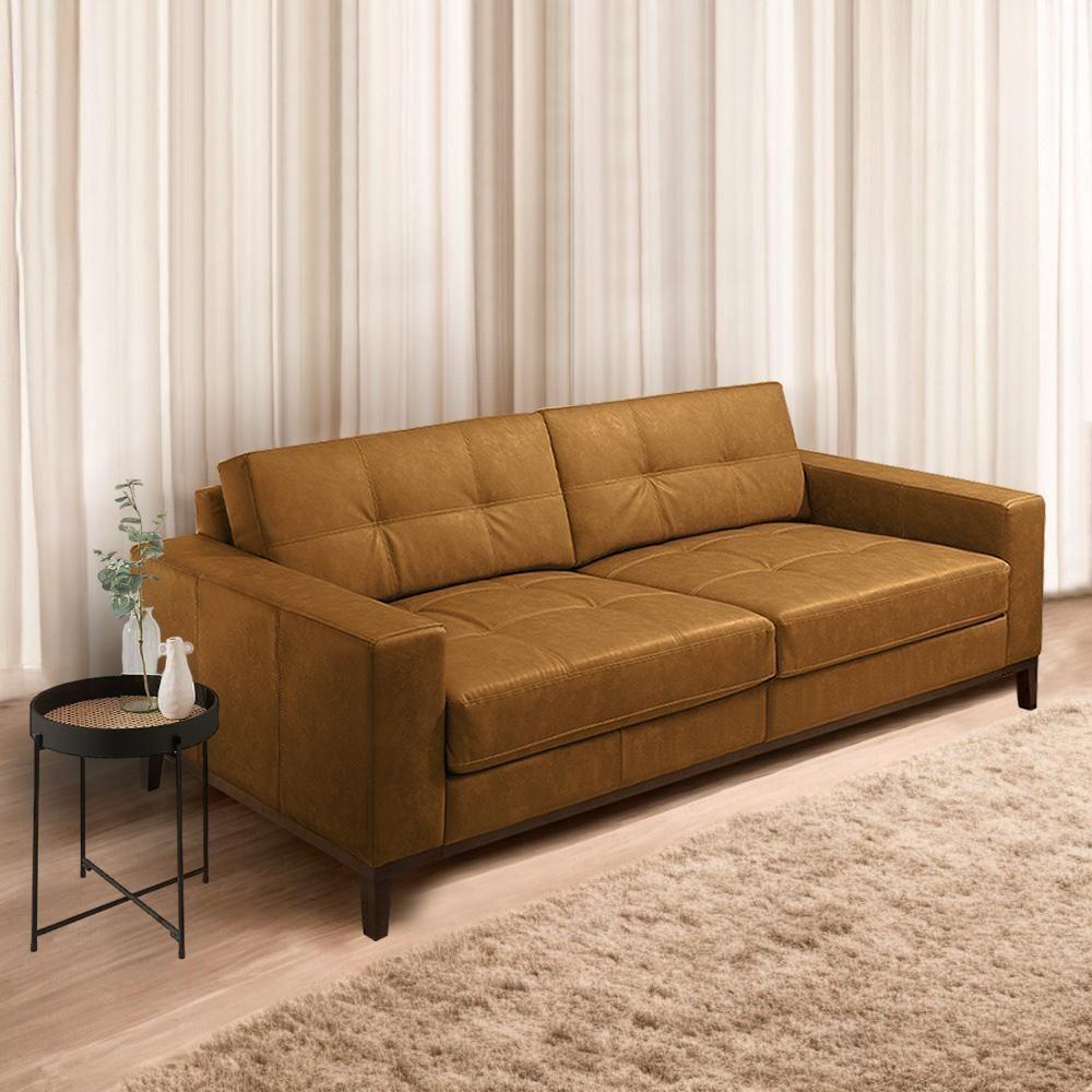 Miniatura Sofá Decorativo Bruno 3 Lugares Sala De Estar 240cm Pés Em Madeira Couro Caramelo Manchado
