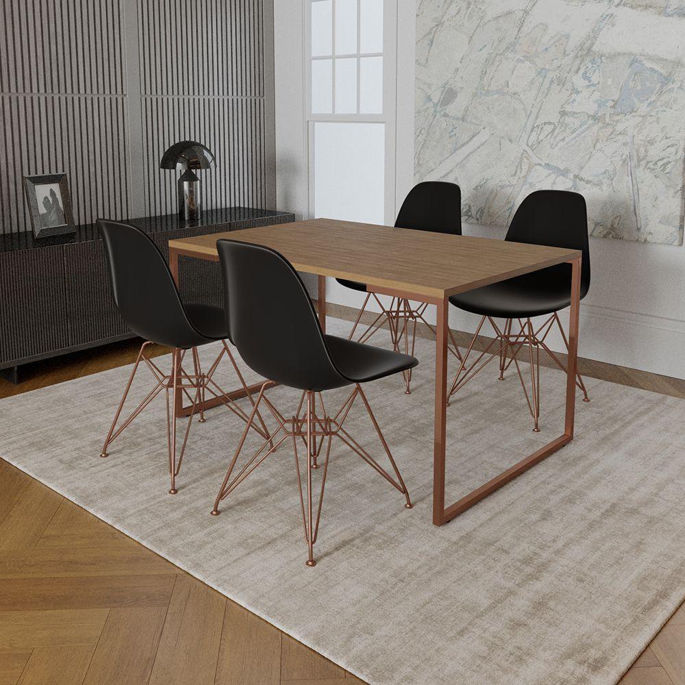 Miniatura Mesa Industrial Base Ferro Cobre 137X90 Tampo Amêndoa 4 Cadeiras Eiffel Ferro Cobre Assento Preto