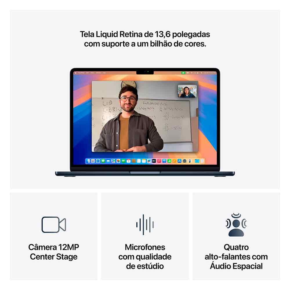 Miniatura Notebook Apple MacBook Air 13,6" M4 (CPU de 10 núcleos, GPU de 10 núcleos, 24GB RAM, 512GB SSD) - Meia-noite Bivolt