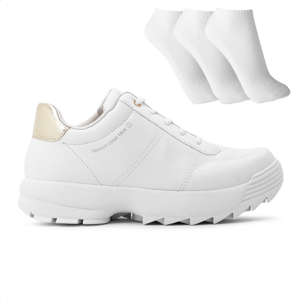 Miniatura Tênis Ramarim Casual Feminino + 3 Pares de Meias Branco / Dourado - 34