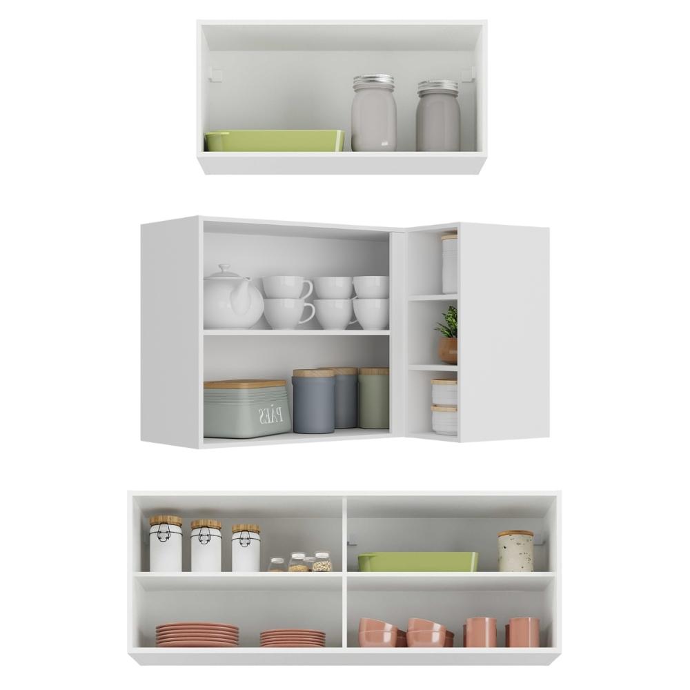 Miniatura Kit Armário Cozinha Aéreo Canto 90cm com Aéreo 70cm e Aéreo 120cm Veneza Multimóveis MP2287 Branco