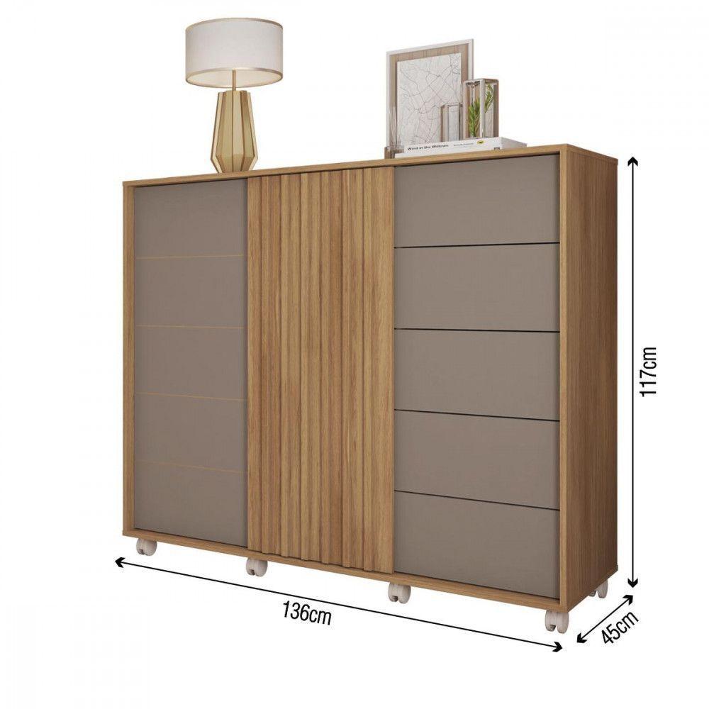 Cômoda Com 5 Gavetas 2 Portas Pegasus Com Rodízios Caemmun Buriti Ripado/ Fendi