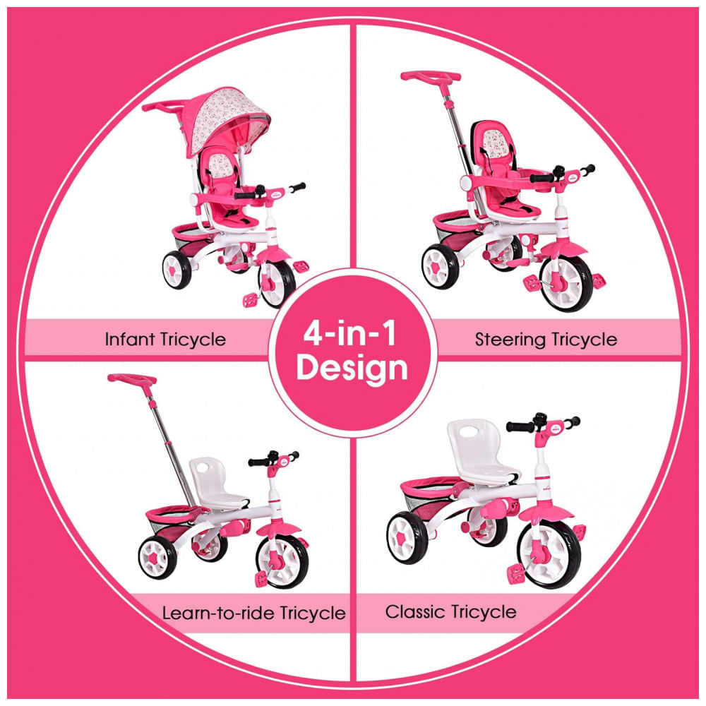 Miniatura Triciclo Infantil 4 em 1 com Alça Removível, Sino, Assento Giratório e Cesta de zenamento para Crianças de 1 a 5 ano...