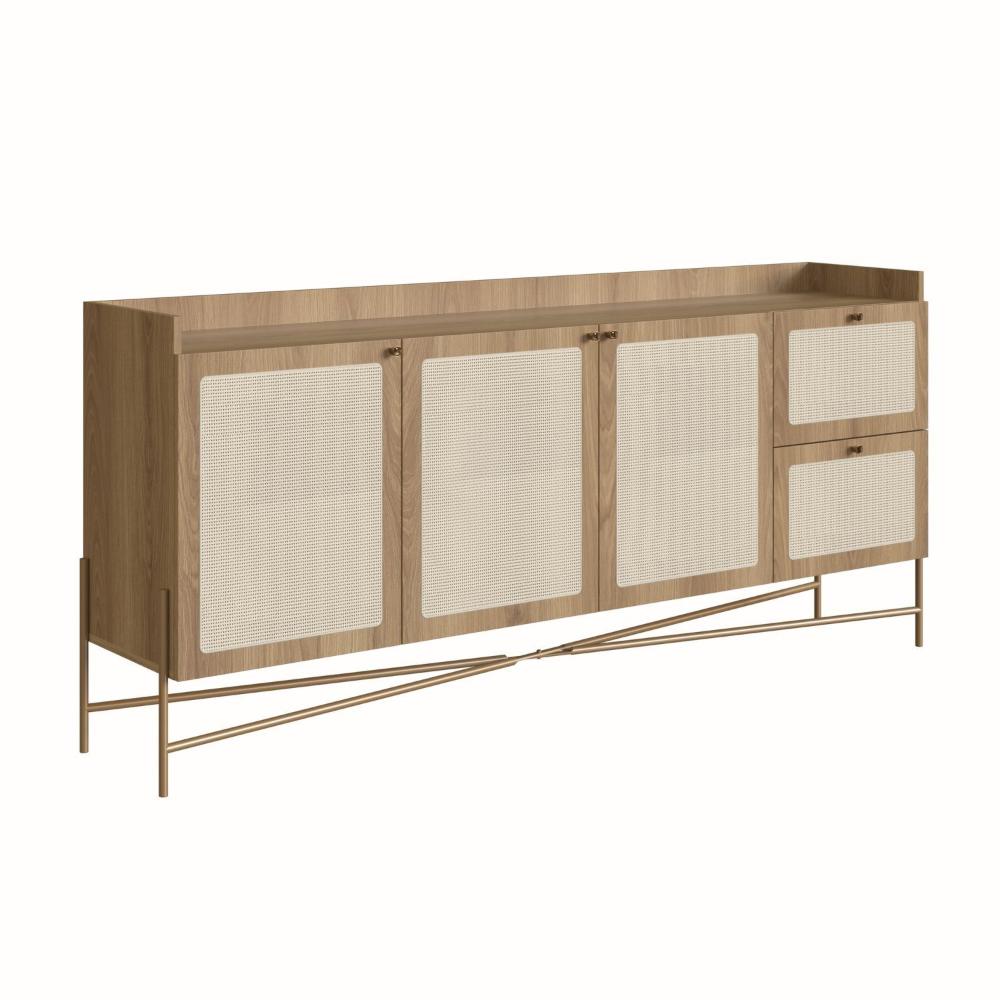 Miniatura Buffet Aparador 3 Portas 2 Gavetas Palhinha Pé Metal Dourado Oslo Artesano Hanover/Dourado