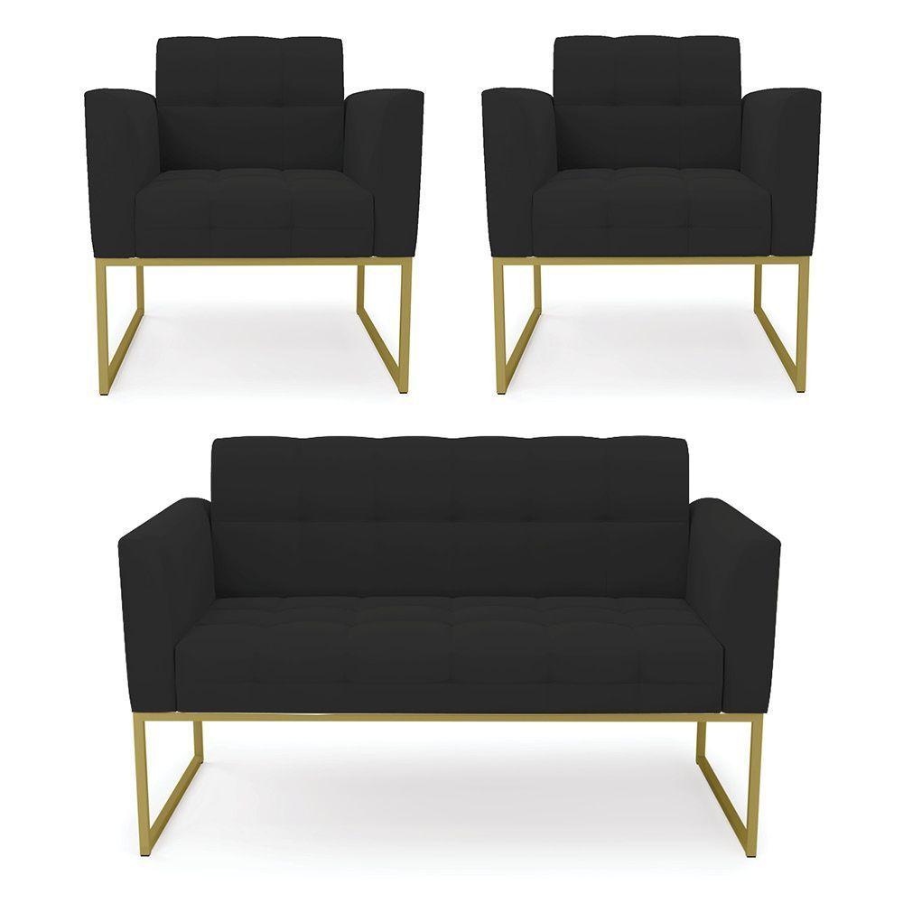 Miniatura Kit 1 Sofá Namoradeira E 2 Poltronas Elisa Veludo Preto Base Metálica Industrial Dourado - D'rossi