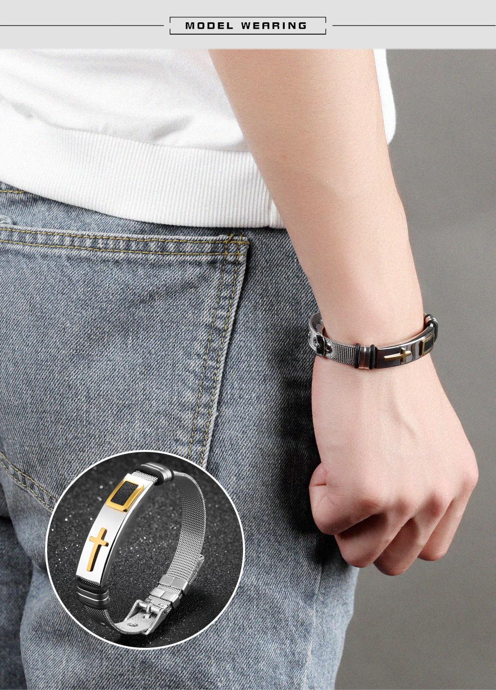 Miniatura Pulseira Masculina Bracelete Aço Cruz Dourada