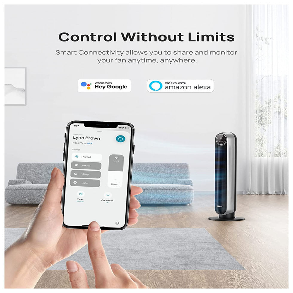 Miniatura Ventilador de Torre Dreo DR HTF007S com 4 Velocidades, Controle Remoto, Tela LED e Controle de Voz, 110V, Cinza