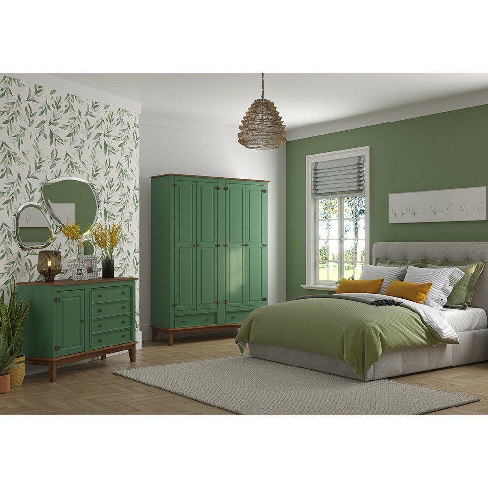 Miniatura Conjunto Guarda-roupa Rústico 4 P E 2 G E Cômoda 4 G + 1 P De Madeira Maciça E Mdf Verde
