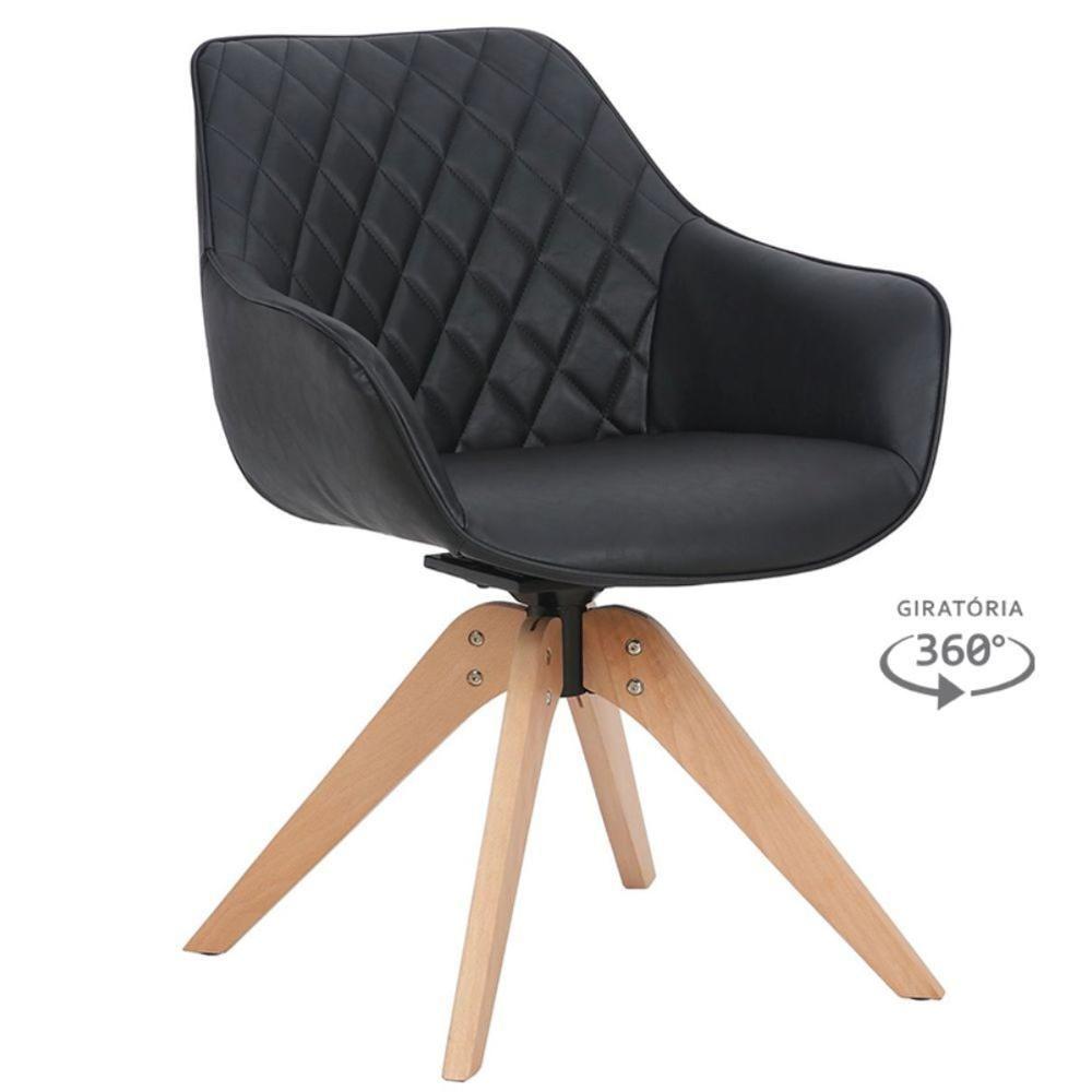 Miniatura Kit 2 Cadeiras Giratórias Com Braço Cíntia Rivatti Em Poliuretano (pu) Preto Base Madeira