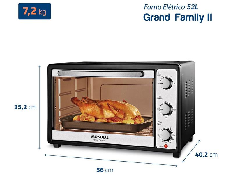Forno Elétrico de Bancada Mondial Multifuncional 52L Preto e Prata Grand Family II FRN-52-B Preto e Inox - 110V
