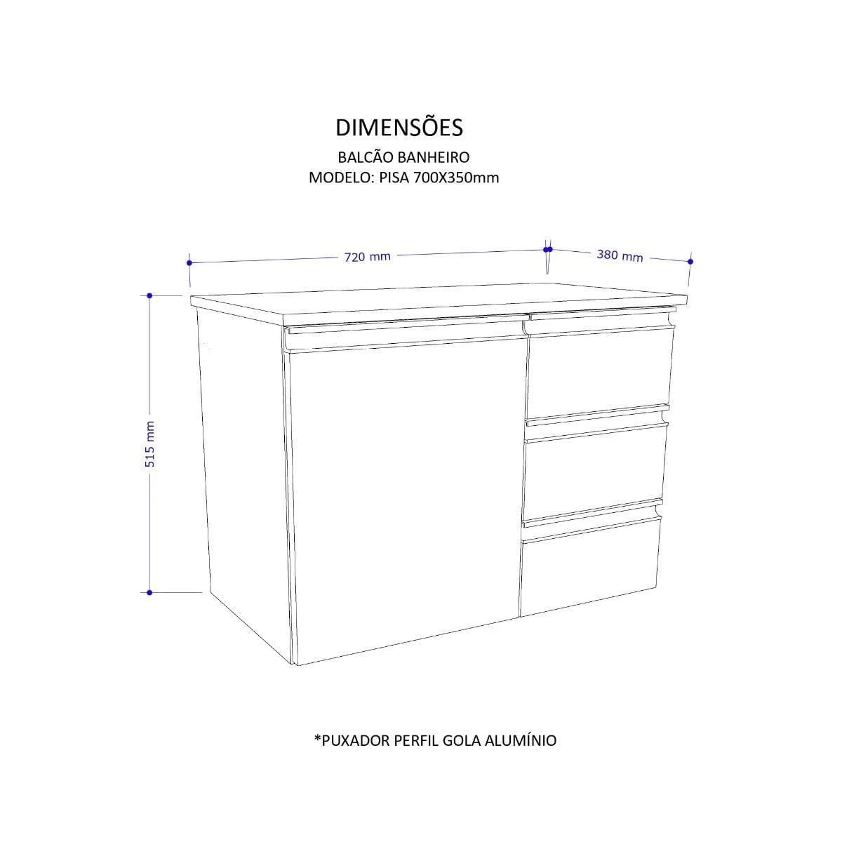 Balcão Banheiro Mdf - Abrazzo 70Cm 3 Gavetas - Com Cuba
