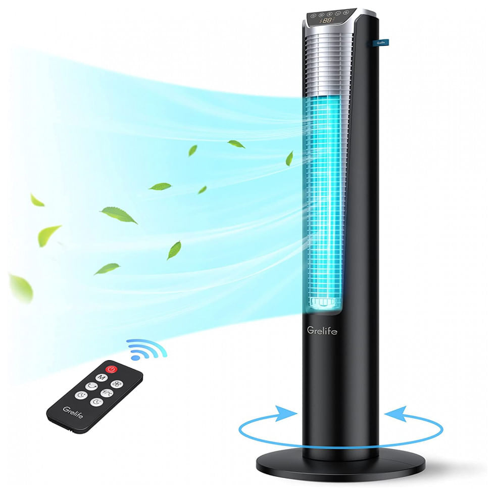 Miniatura Ventilador de Torre Grelife com Controle Remoto, 3 Modos e Temporizador de 12 Horas, 110V Preto