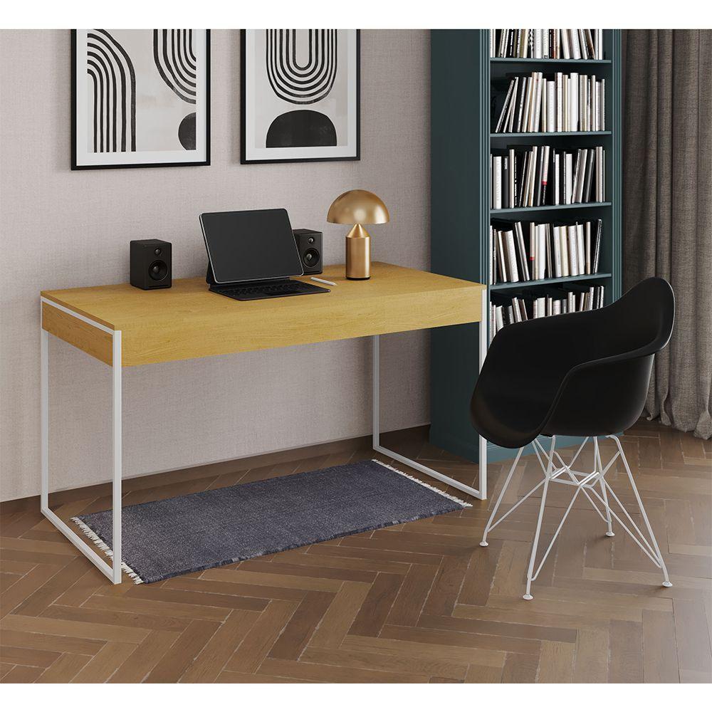 Miniatura Escrivaninha Industrial Office Estudo Malta Canela 137X53Cm Com 1 Poltrona Preta Base F Marrom