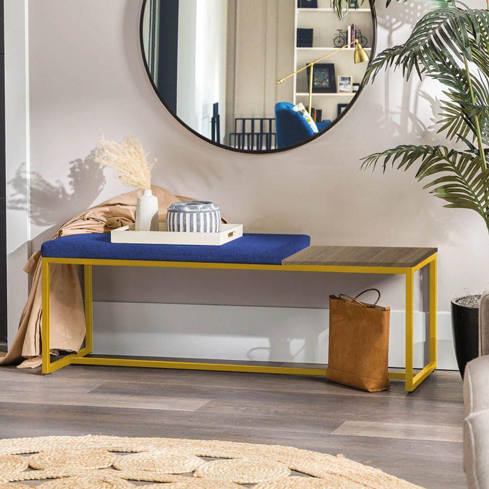 Miniatura Banco Recamier Puff 140cm Industrial Dourado Suede Azul Marinho Tampo Quadrado Mdf Nogal