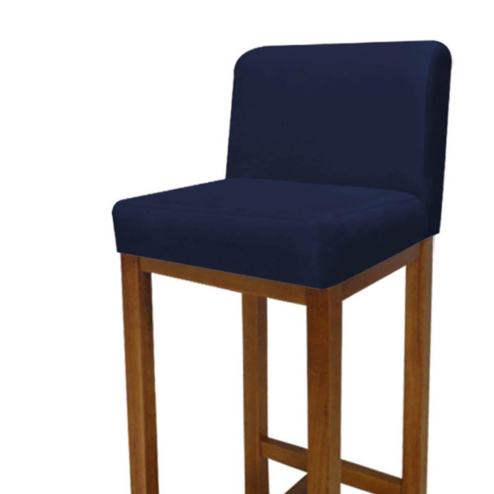 Miniatura Banqueta Alta Com Encosto Aila Cozinha Balcão Bistrô Base Madeira Castanho Suede Azul Marinho
