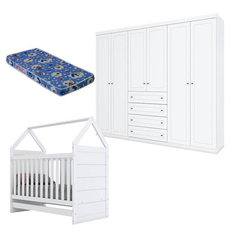 Miniatura Berço Montessoriano E Guarda Roupa Infantil Mississipi 6 Portas Branco Hp Com Colchão Ortobom