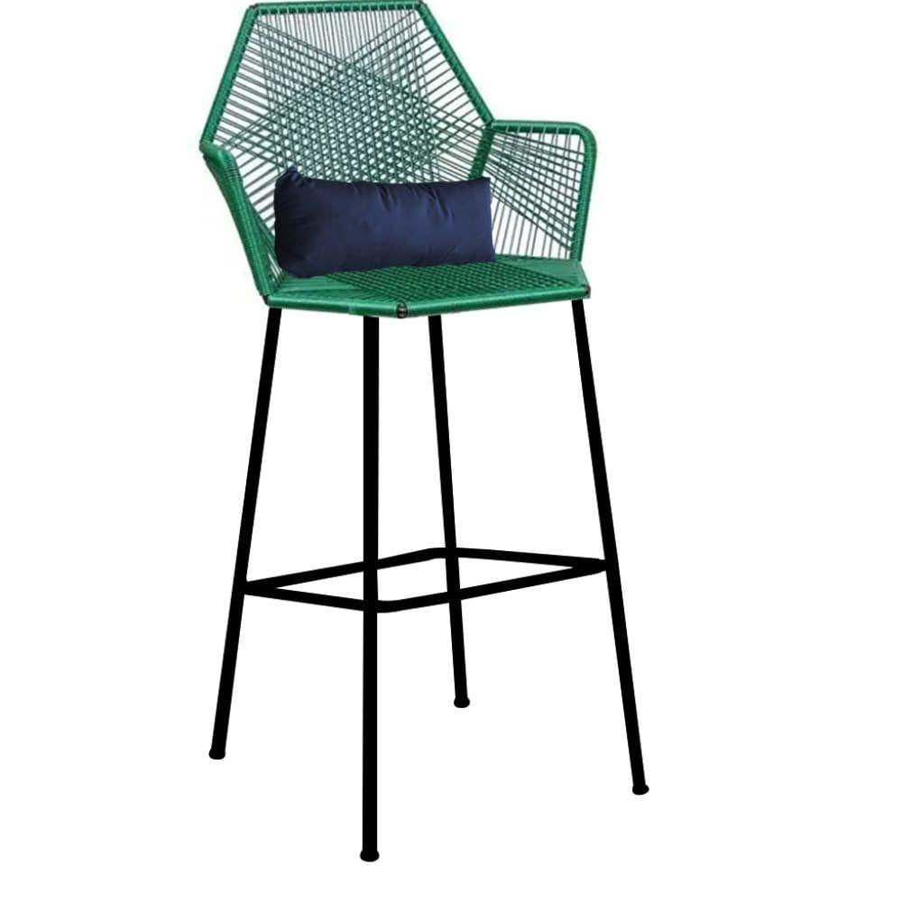 Miniatura Banqueta Alta Com Encosto Ferro Verde Fibra Verde Almofada Azul Marinho