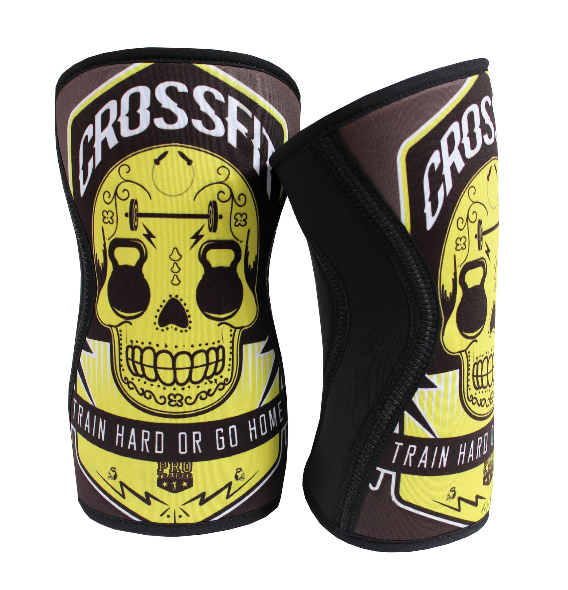Miniatura Joelheira Crossfit caveira amarela neoprene tamanho g